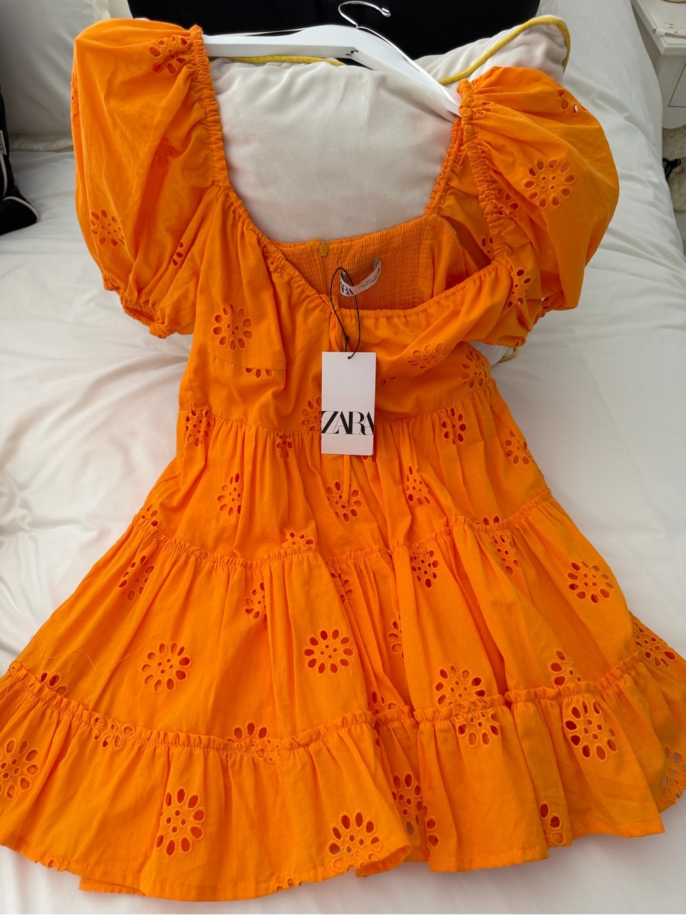 ZARA Orange Eyelet Puff-Sleeve Tiered Dress